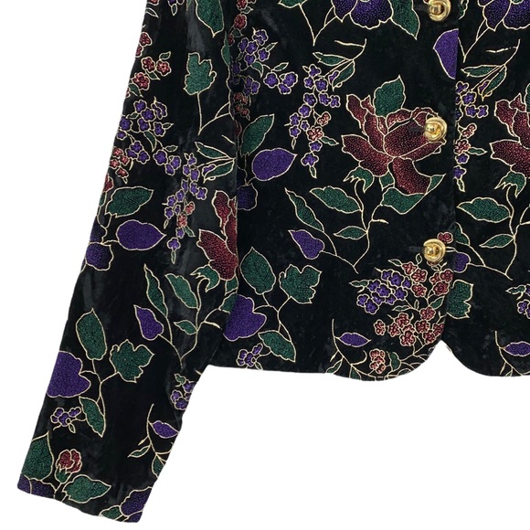 Vintage Black Velveteen Large Print Floral Evening Blazer Gold Metallic … - Picture 3 of 15